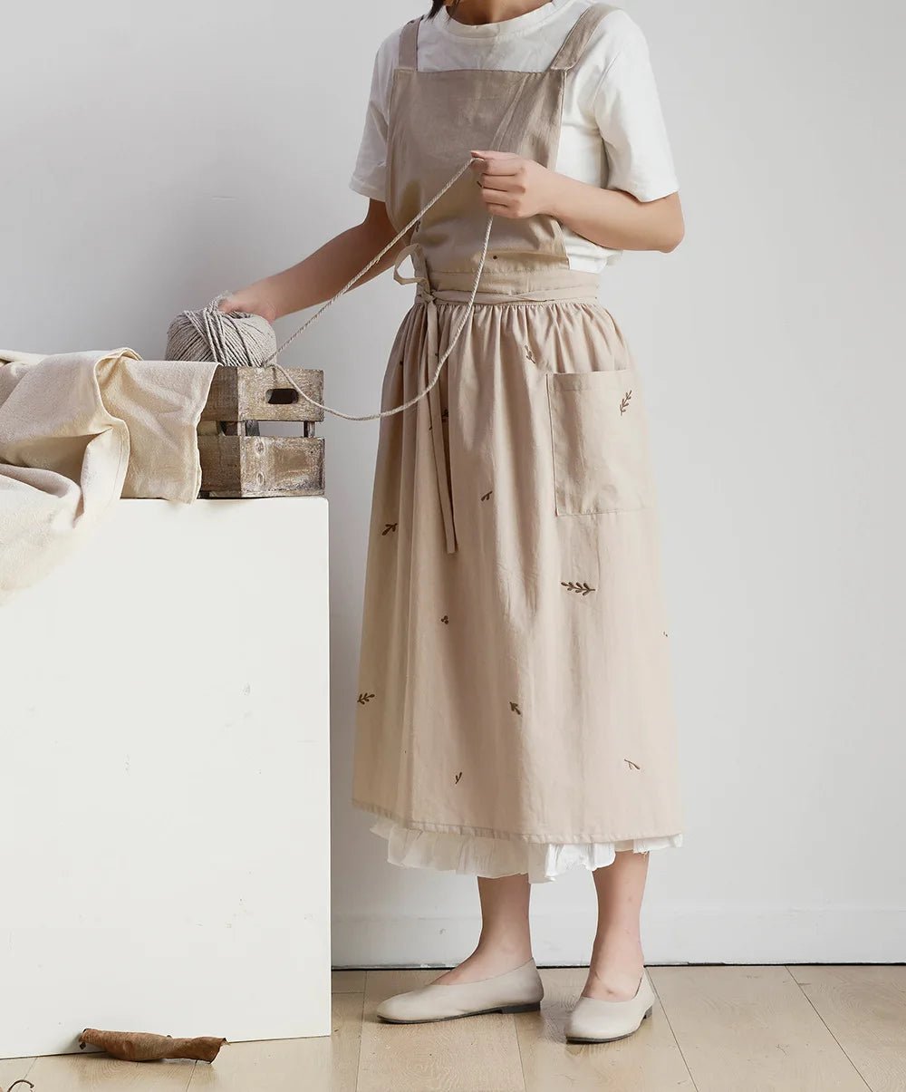 Cottage Pinafore Apron – Cross - Back Cotton Dress with Deep Pockets - The Tradwife