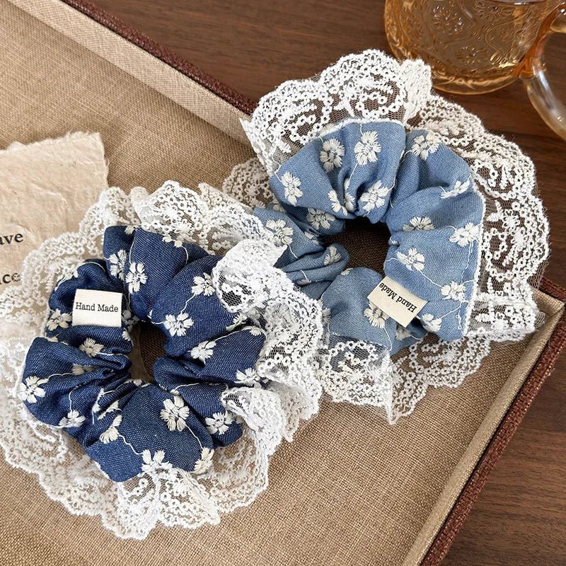 Embroidered Denim Blue Lace Scrunchie – Sweet Vintage Hair Ribbon - The Tradwife