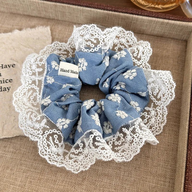 Embroidered Denim Blue Lace Scrunchie – Sweet Vintage Hair Ribbon - The Tradwife