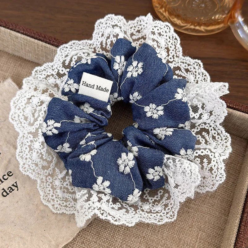 Embroidered Denim Blue Lace Scrunchie – Sweet Vintage Hair Ribbon - The Tradwife