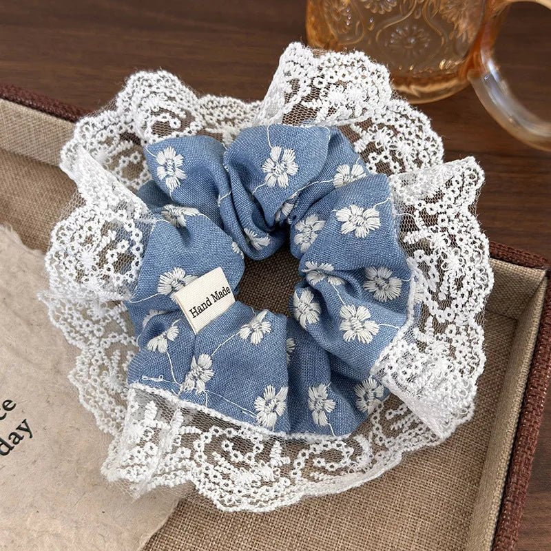 Embroidered Denim Blue Lace Scrunchie – Sweet Vintage Hair Ribbon - The Tradwife