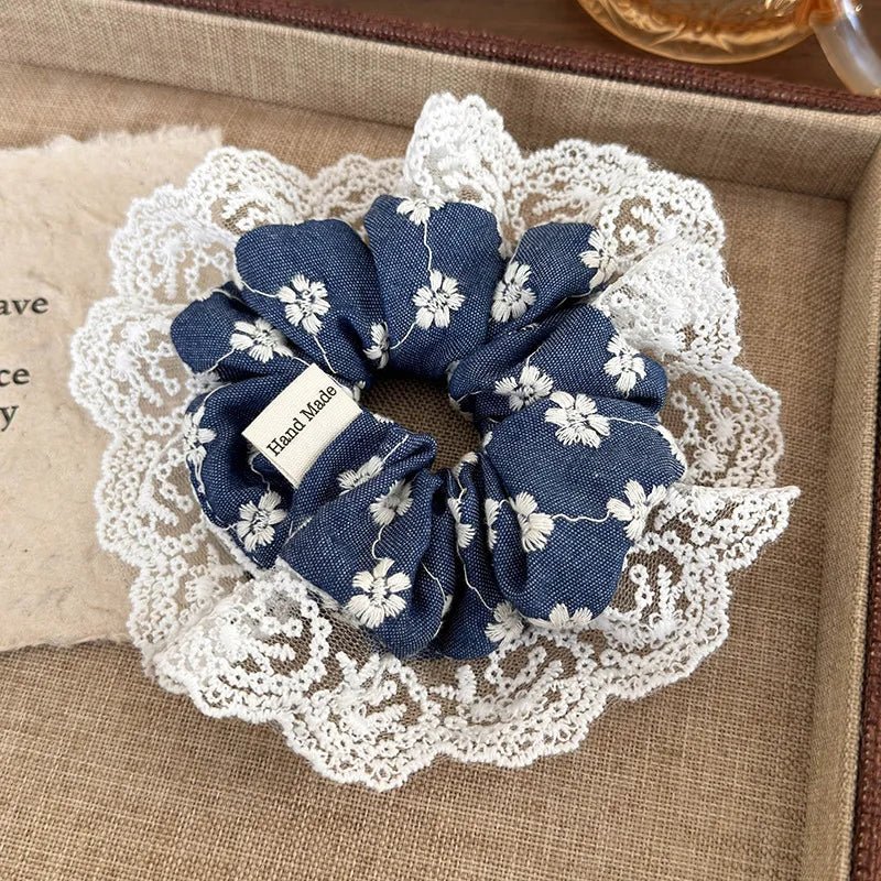Embroidered Denim Blue Lace Scrunchie – Sweet Vintage Hair Ribbon - The Tradwife