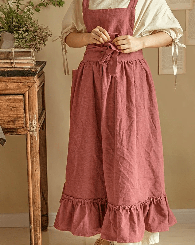 Vintage Ruffle Linen Apron – Rustic Rose Cotton Blend for Homemaking & Gardening - The Tradwife