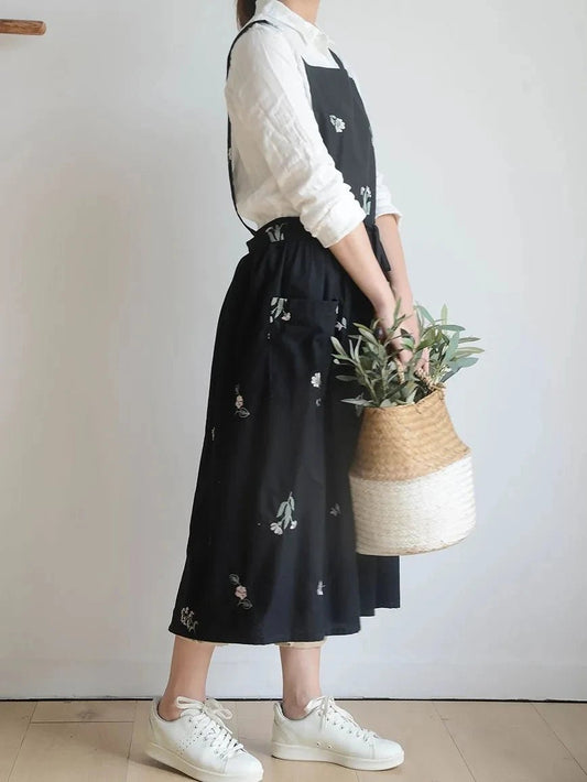 Cottage Pinafore Apron – Cross - Back Cotton Dress with Deep Pockets - The Tradwife