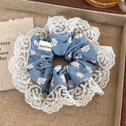 Embroidered Denim Blue Lace Scrunchie – Sweet Vintage Hair Ribbon - The Tradwife