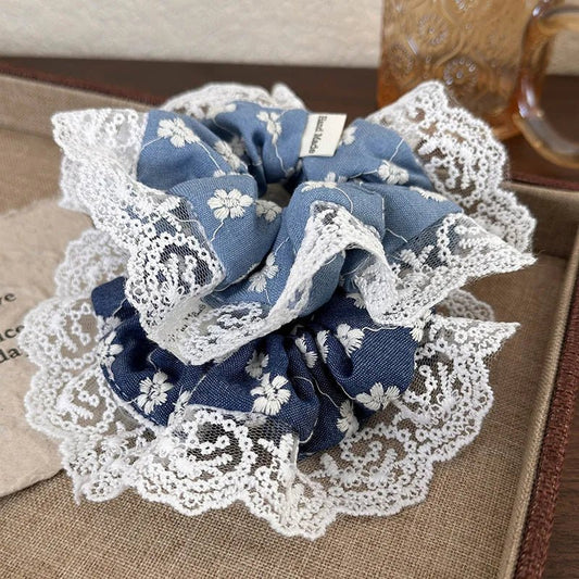 Embroidered Denim Blue Lace Scrunchie – Sweet Vintage Hair Ribbon - The Tradwife