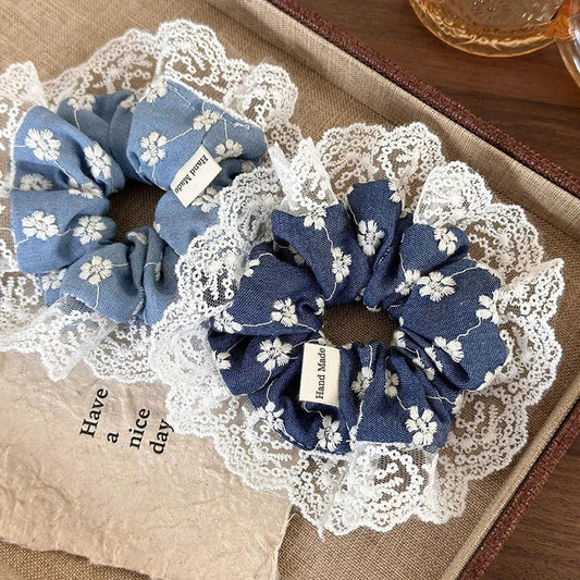 Embroidered Denim Blue Lace Scrunchie – Sweet Vintage Hair Ribbon - The Tradwife