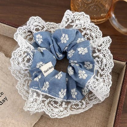 Embroidered Denim Blue Lace Scrunchie – Sweet Vintage Hair Ribbon - The Tradwife