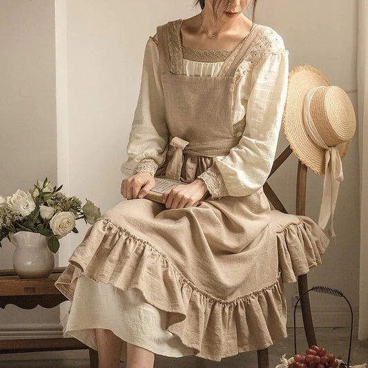 Vintage Ruffle Linen Apron – Rustic Rose Cotton Blend for Homemaking & Gardening - The Tradwife