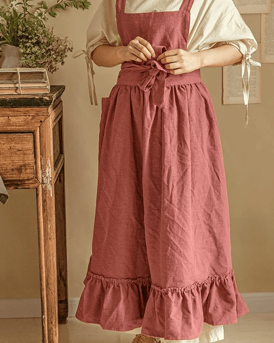 Vintage Ruffle Linen Apron – Rustic Rose Cotton Blend for Homemaking & Gardening - The Tradwife